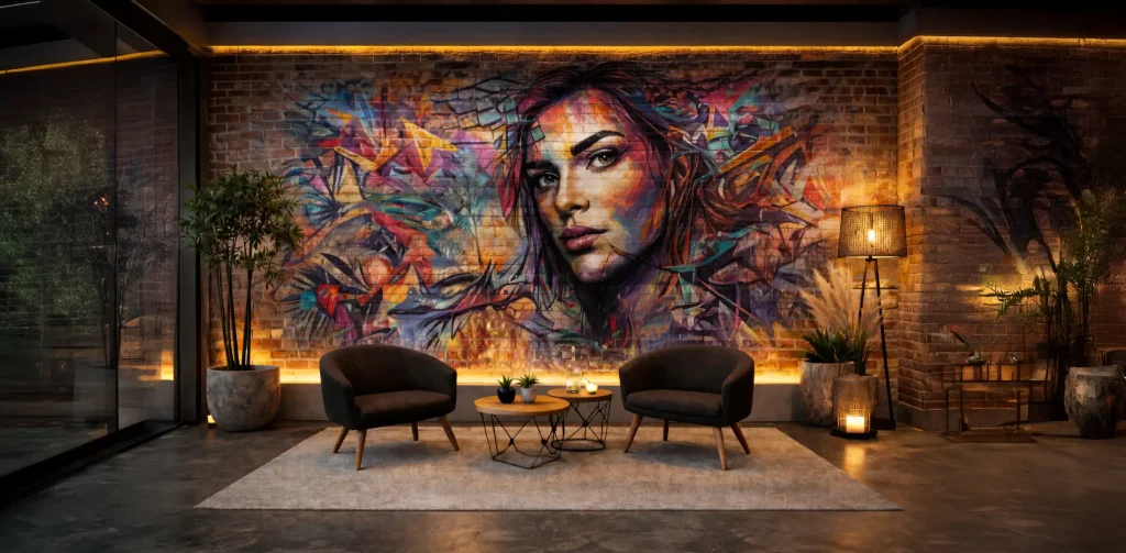 Impression murale personnalisée en Suisse dans un intérieur moderne réalisée par Pixelwall
